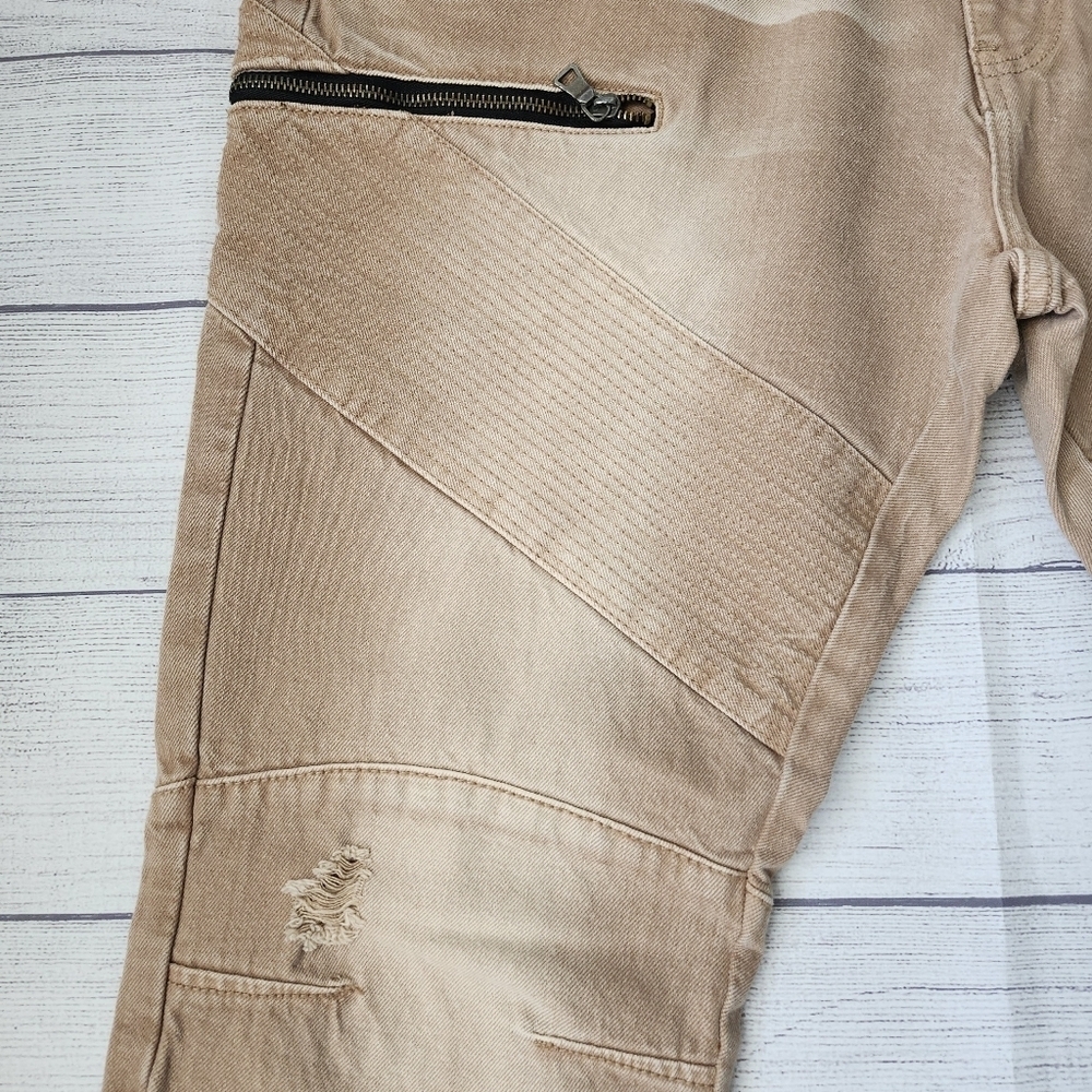 Men's Biker Slim Distressed Jeans (Tan/Taupe Wash) - Picture 5 of 16